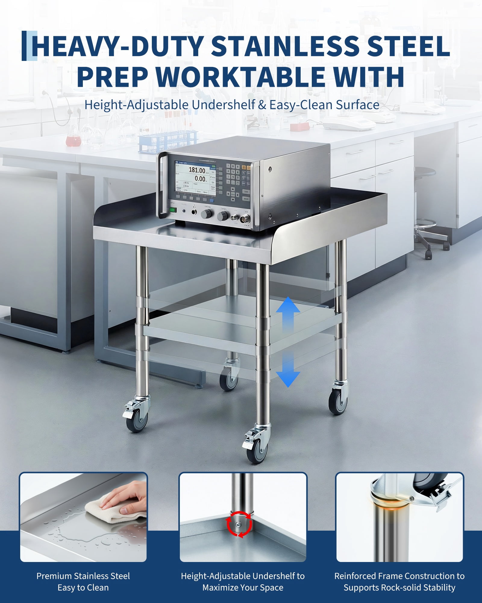 Stainless Steel Rolling Work Table, Commercial Prep Table with 3-Sided Fixed Backsplash & Adjustable Undershelf for Restaurant Garage - 24x24 Inch