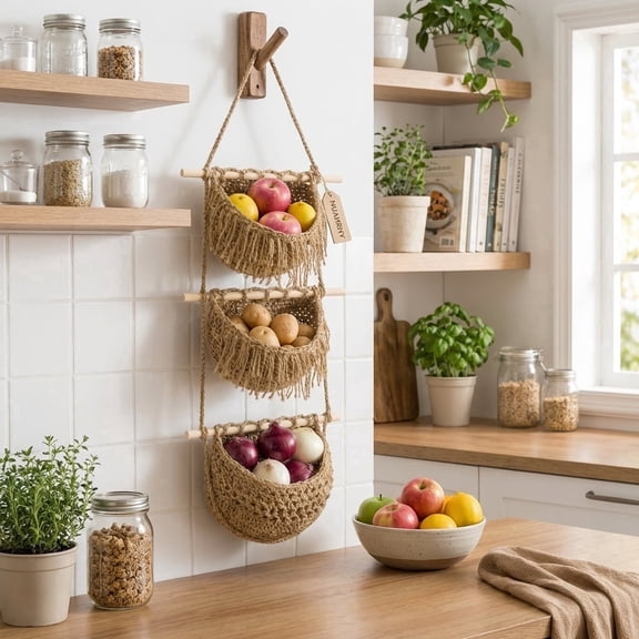 3 Tier Hanging Fruit Basket for Kitchen Wall Mounted Woven Jute Produce Organizer Boho Decor Space Saving Storage for Onion Potato
