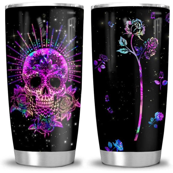 20oz Sugar Skull Gifts for Women, Men, Candy Skull Gifts Hologram Sugar Skull and Rose Sugar Skull Coffee Tumbler Cup with Lid, Double Wall Vacuum Insulated Travel Coffee Mug