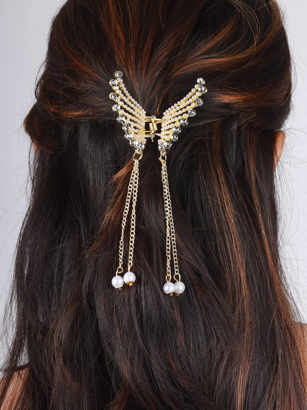 Radhna Attractive Wedding Claw Clip Butterfly Tassel Design Hair Clip Stone & Pearl Accessories Clutcher | Metal Hair Clip for Women & Girls