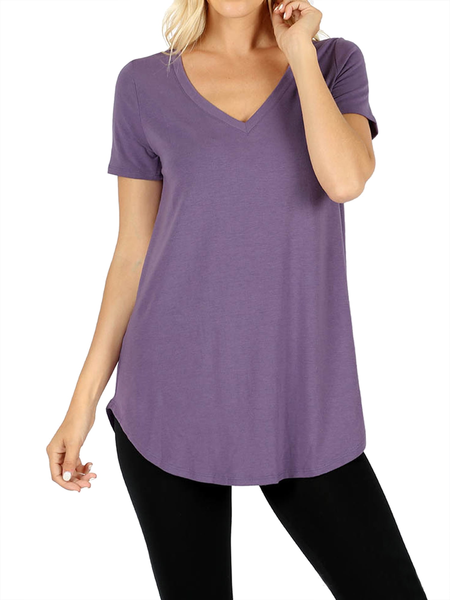 Zenana Women & Plus Short Sleeve V Neck Relaxed Fit Casual Round Hem Tee Shirt Top