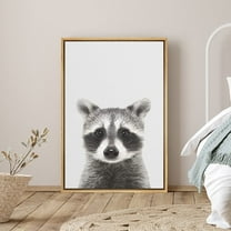 PixonSign Framed Canvas Print Wall Art Raccoon Portrait on Gray Background Animals Wildlife Photography Minimalism Modern Closeup Whimsical Cool for Living Room, Bedroom, Office - 16"x24" Natural