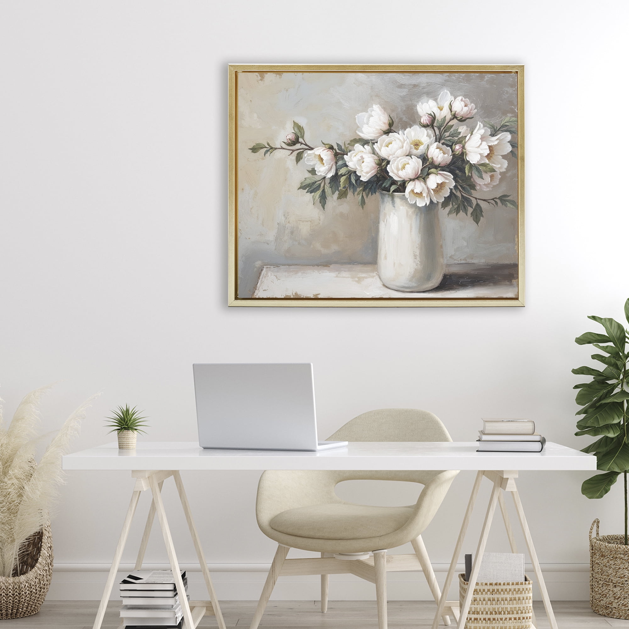 White Flowers in Vase Still Life Gold Framed Floater Canvas Wall Art, design by Lettered and Lined