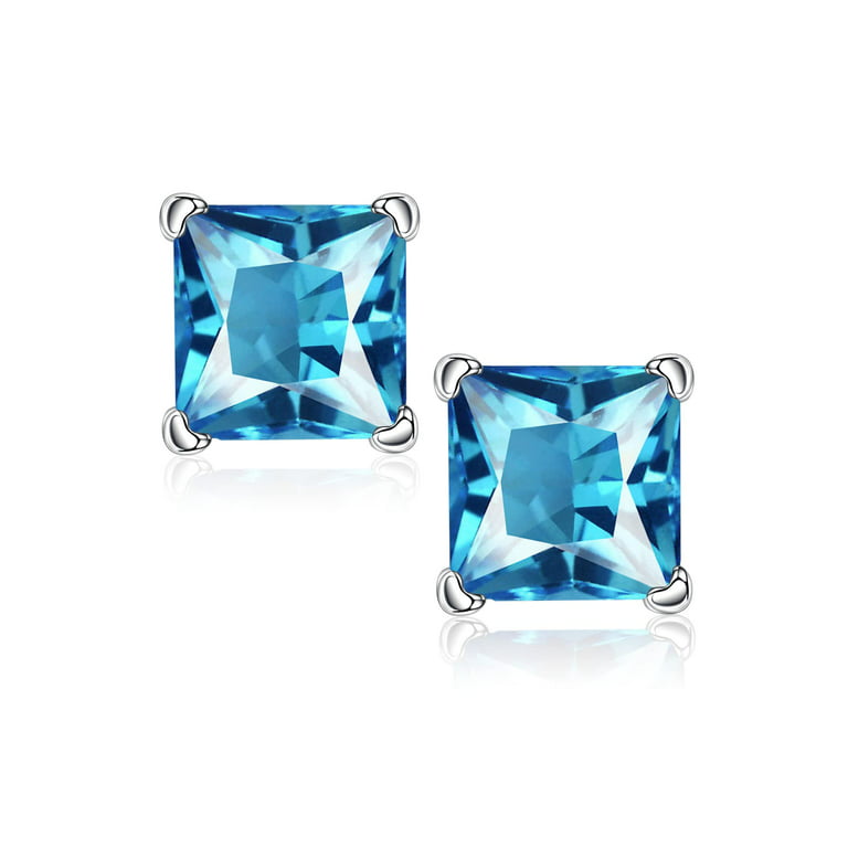 TINGN Princess Cut Birthstone Earrings for Women S925 Sterling Silver  Classic Genuine or Created Birthstone Birthstone Stud Earrings for Women