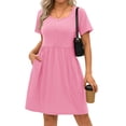 thumbnail image 3 of MOSHU Summer Dresses for Women Crewneck Short Sleeve Midi Dress Casual Button A-Line Sundress with Pockets, 3 of 8