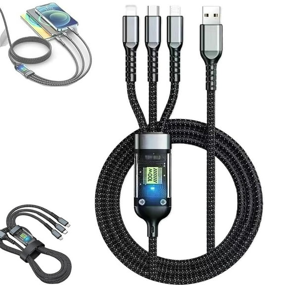 Gloryboom Transparent Luminous Charging 3-in-1 Data Cable, Gloryboom 3-in-1 Fast Charging Cable, 100w Fast Charge for Multiple Devices, Thick Nylon Braided Charging Cords (6.6 ft)