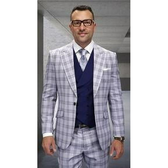 Statement Men's Wool Plaid Suit Gray DB Vest Tailored Fit Matias