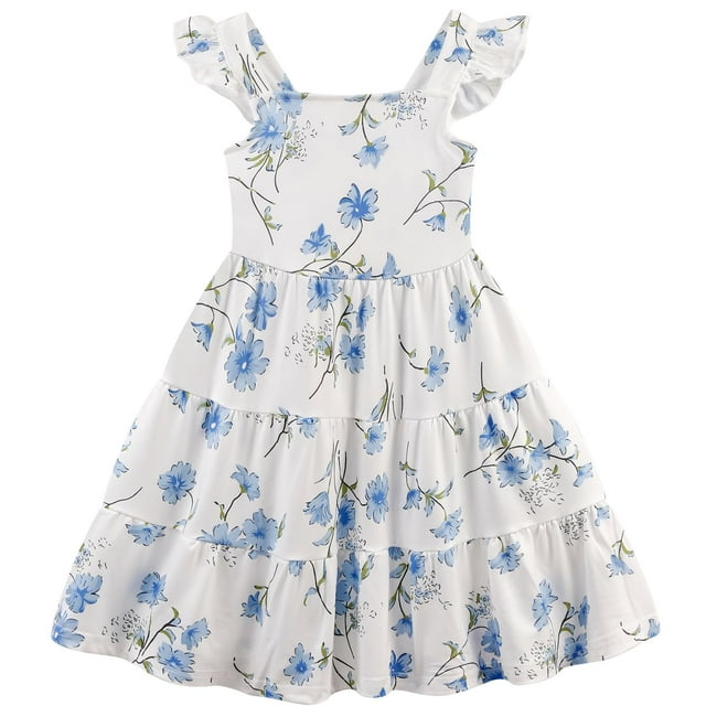 Vestido NUBEEHOHO azul con estampado floral con mangas escalonadas de 4 a 5 años