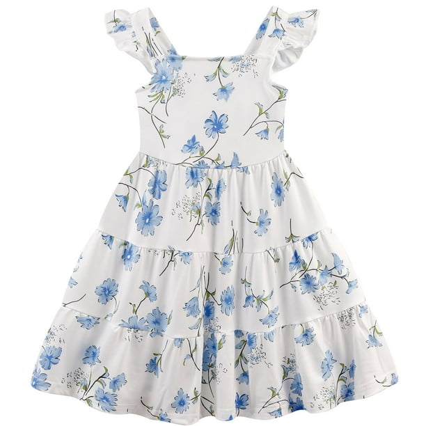 Vestido NUBEEHOHO azul con estampado floral con mangas escalonadas de 5 a 6 años