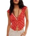 thumbnail image 1 of Women Floral Pattern Tank Tops Summer Vest Open Front Sleeveless Slim Fit Crop Going Out Tops Red L, 1 of 8