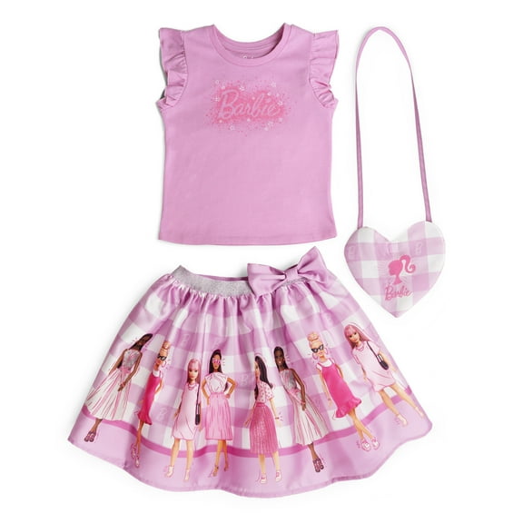 Barbie Tank Top, Satin Skirt and Side Bag 3 Piece Outfit Set Gingham Toddler to Big Kid