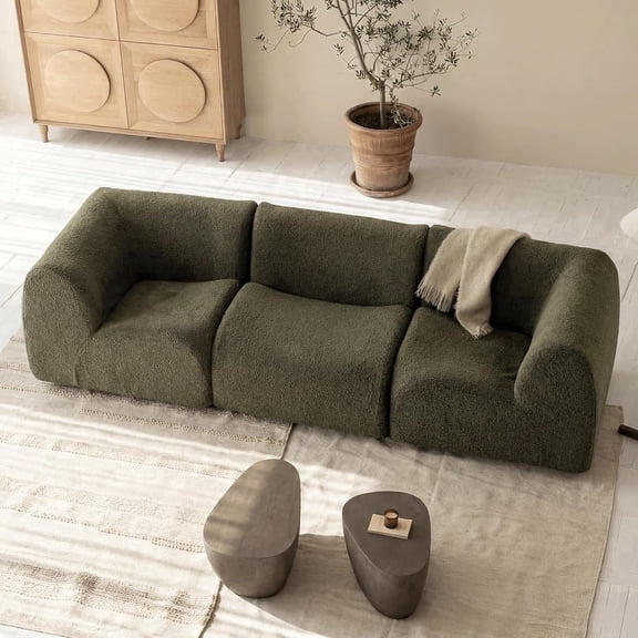 Vorthio 3-Seater Modular Sectional Sofa, Sherpa Fabric Boneless Sofas with High-Density Foam Strong Support for Living Room – No Assembly, Green