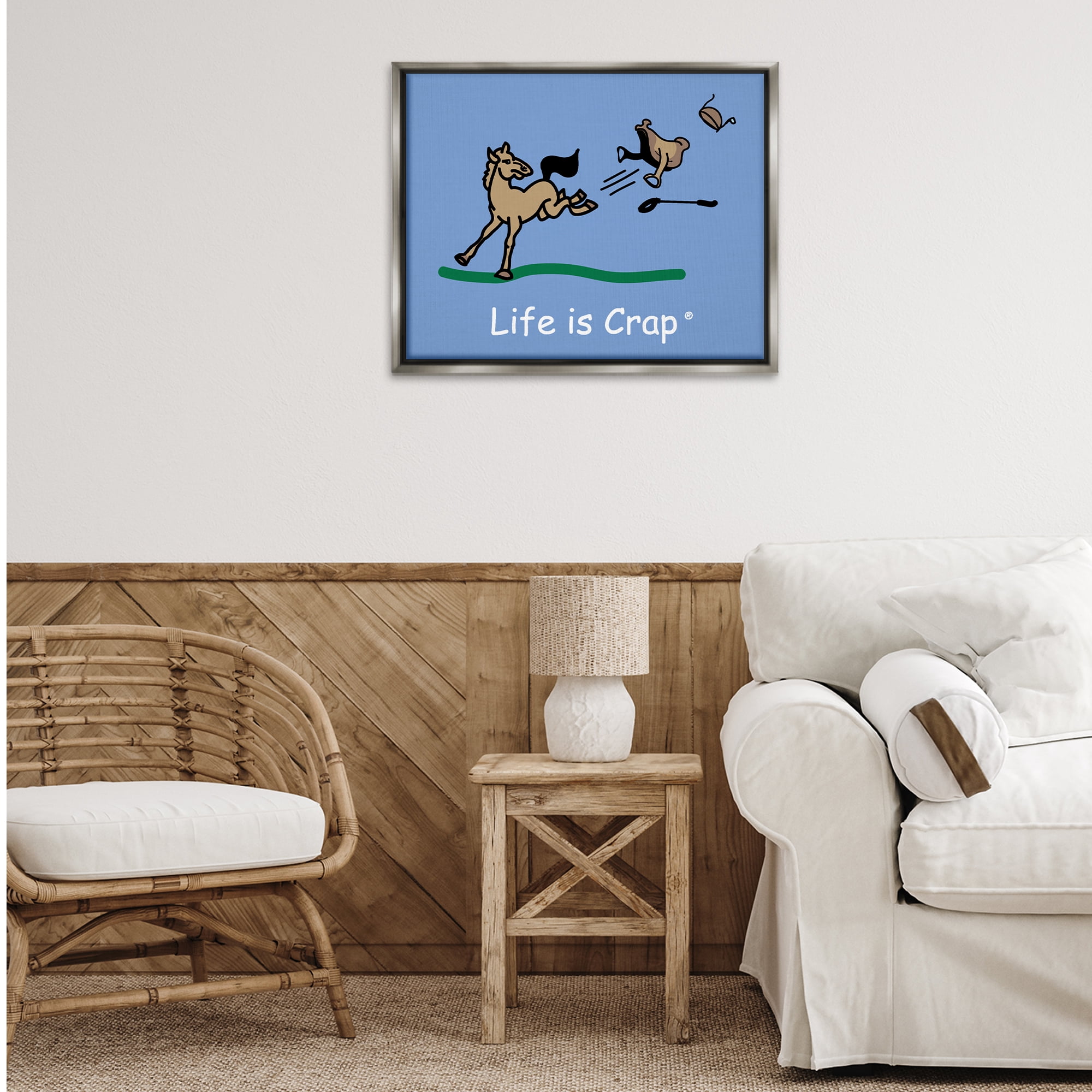 Stupell Industries Horse Kicking Saddle Novelty & Humor Painting Gray Floater Framed Canvas Art Print Wall Art, 31 x 25
