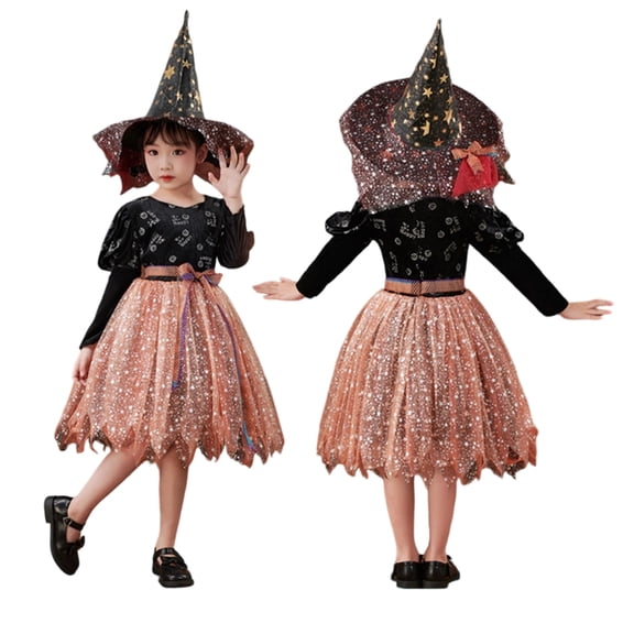 2Pcs Girls Witch Light Up Dresses Costume with Witch Hat Halloween Party Dress-up Sparkly Skirts for Cosplay Performance(Black, S)