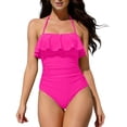 thumbnail image 3 of QIUOMBBP Halter One Piece Bathing Suit for Women Tummy Control Ruffle Backless Swimsuits Summer Beach Vacation Swimwear Hot Pink XL, 3 of 7