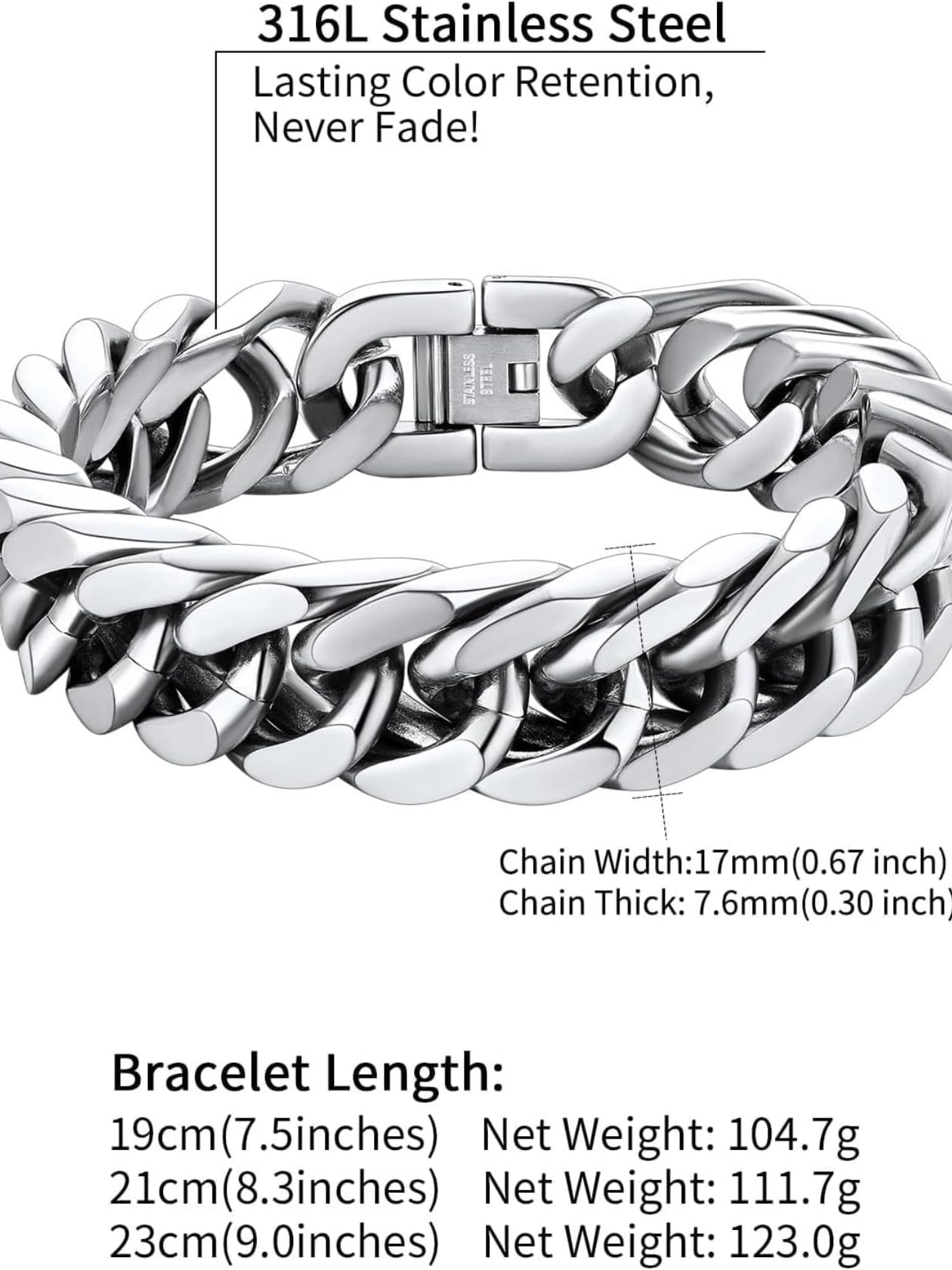 ChainsHouse Silver Cuban Link Bracelet for Men Chunky 8mm/12mm/17mm Width Men's Chain Bracelets Stainless Steel Punk Jewelry Gift