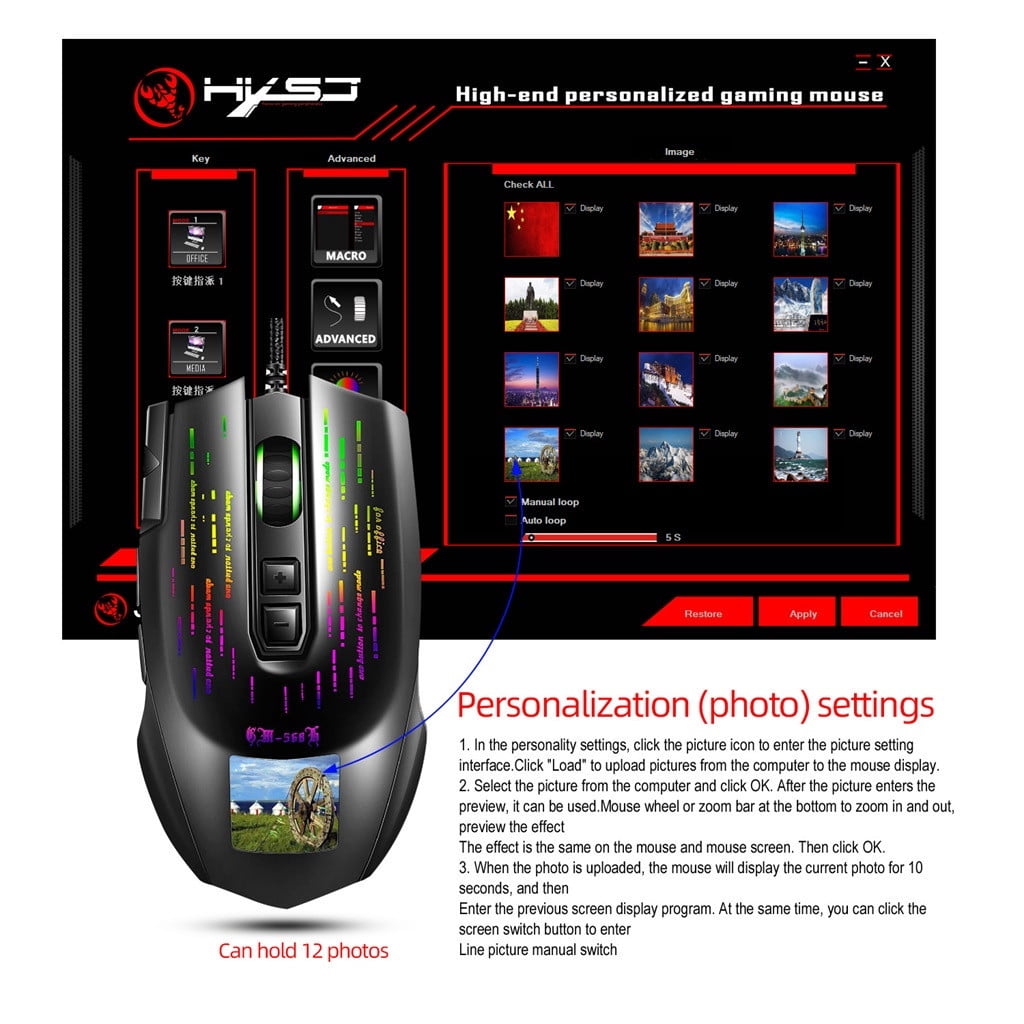 PRINxy Gaming Mouse With Touch-Screen Display 6400DPI RGB Backlight Gamer Mice For PC Game/Office Mouse Electronics Gadgets Computer Accessories Black