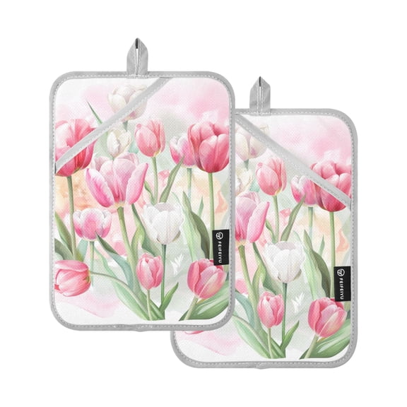 Pot Holders Set of 2 Heat Resistant 338℉ Kitchen Oven Gloves Potholder Cooking Baking Microwave Mitts Tulip and Leaves