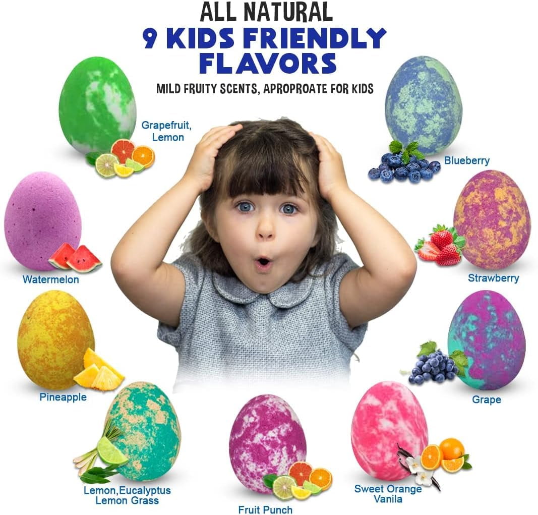 Mineral Me Bath Bombs for Kids with Toys Inside Plus Dinosaur Puzzle - Set of 9 w/ Mild Fruity Scent