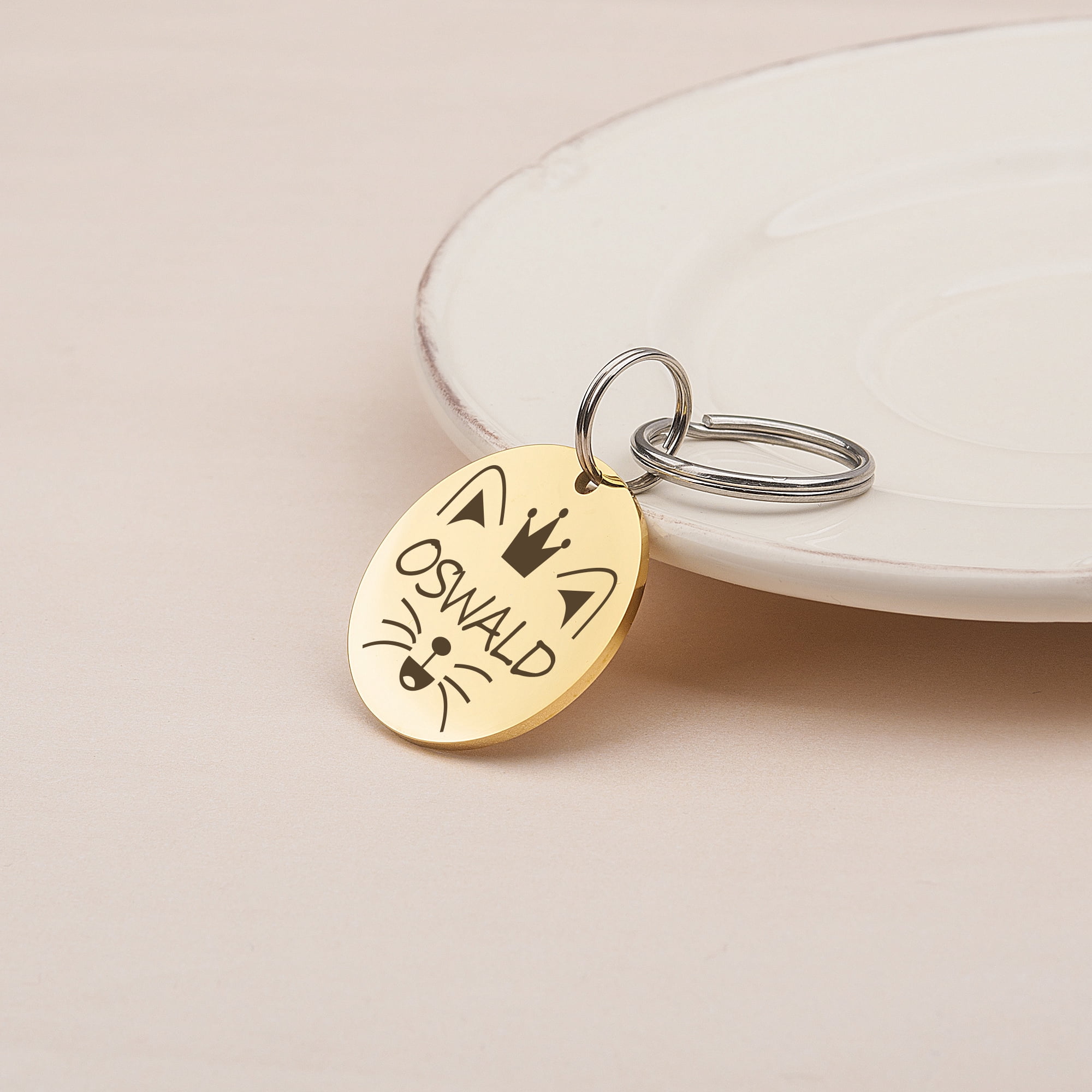 Anavia Metal Stainless Steel Round Name - Animal Face Birthday Holiday Christmas Engraved Dog Cat ID Tag, Gold