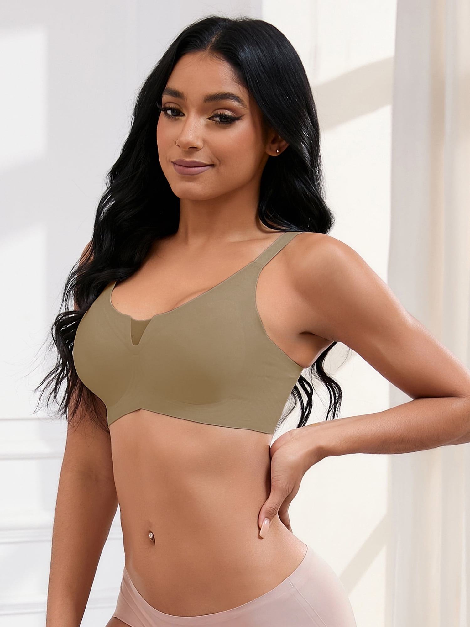 Unique Bargains Women's Padded Breathable Bras Push Up Mesh Wirefree Bras S Brown