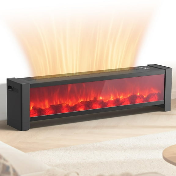 Electric Fireplace Heater,1500W Baseboard Heater for Large Rooms, Realistic Flame Effect, Adjustable Temperature Thermostat, Remote Control, Safe, Ultra Quiet for Home Office