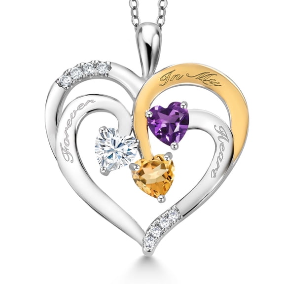Gem Stone King Two Tone White Moissanite Purple Amethyst Yellow Citrine `Forever in My Heart` Engraved Pendant Necklace for Women (1.30 cttw, Heart Shape 5MM, 18 inch Chain)