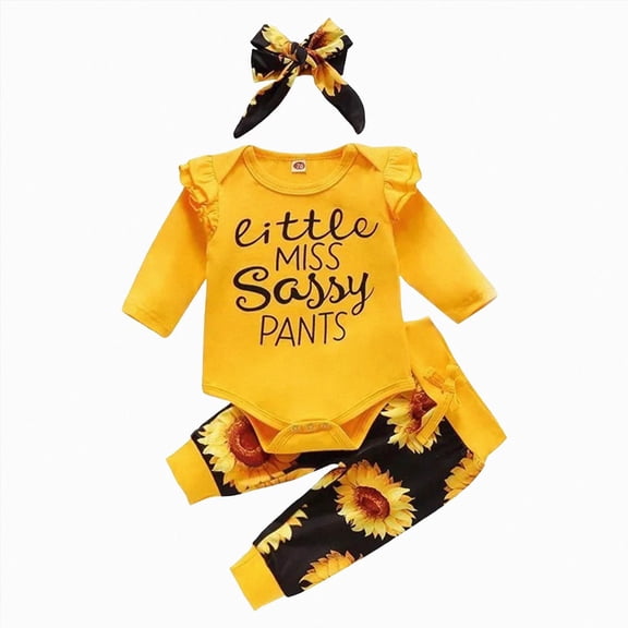 TOWED22 Newborn Baby Girl Fall Winter Outfits 3 Pieces Clothes Set Long Sleeve Crew Neck Cute Bodysuit Romper Bow Pants Headband Jumpsuit Set(Light Yellow,6-12 M)