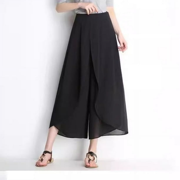 Pantalones anchos y sueltos para mujer, pantalones ajustados recortados, culottes de gasa, pantalones casuales de cintura alta, delgados, de talla grande para chicas gorditas