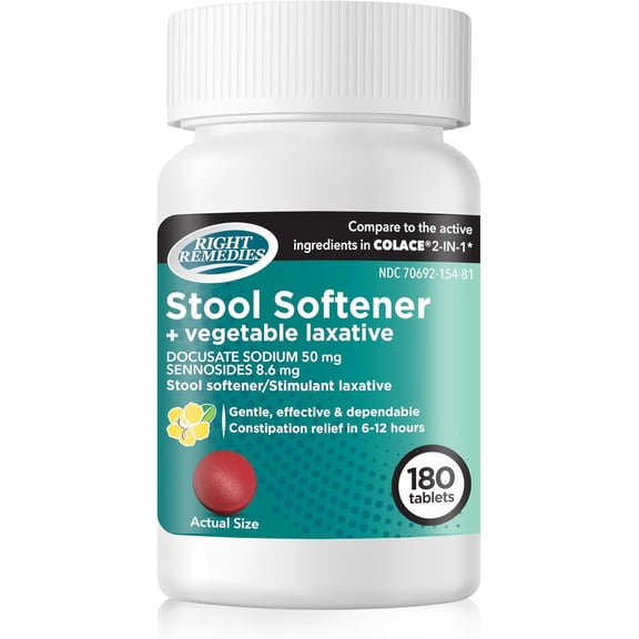 Right Remedies Natural Vegetable Laxative Plus Stool Softener(Docusate 50mg, Senna 8.6mg)  (180 Red Tablets)