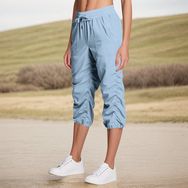 Jegging Capris pour Femmes Taille Élastique Ajustable Respirant Pantalon Cargo Bas Resserré Cordon Extensible à Enfiler Pantalon Parachute avec Poches Bleu Clair G