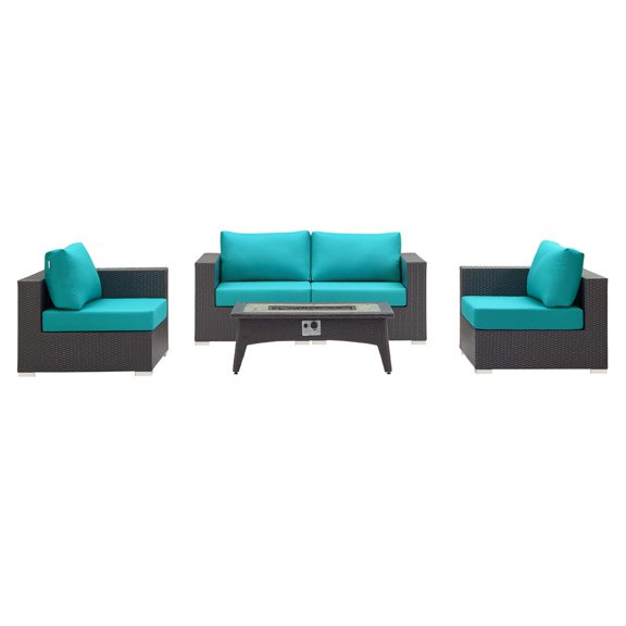 Contemporary Modern Urban Designer Outdoor Patio Balcony Garden Furniture Lounge Sofa, Chair and Coffee Table Fire Pit Set, Fabric Rattan Wicker, Blue
