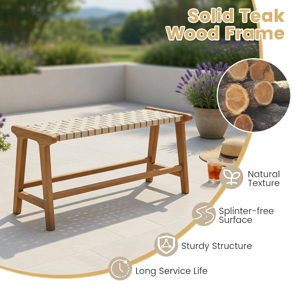 Hommoo 47" Teak Wood Patio Bench with Woven PP Seat, Sturdy Outdoor Bench for Patio, Porch, Poolside & Entryway, Natural