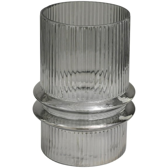 DecMode Gray Glass Wide Ribbed Candle Holder with Fluted Center