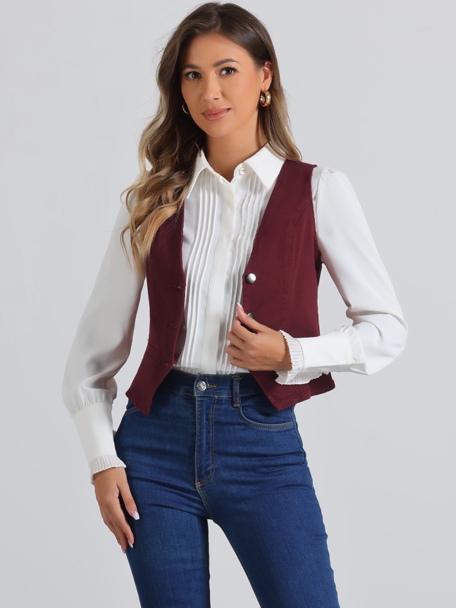 DARING DIVA Women's Sleeveless V Neck Casual Waistcoat Vest Jacket S Wine Red