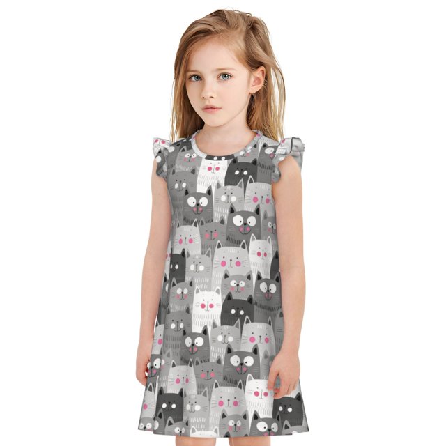 Fotbe Cats Group Vestido de Dormir para Niñas de 3 a 10 Años, Mangas Cortas, Estilo Princesa, Pijama Camisón con Mangas Voladas-Large
