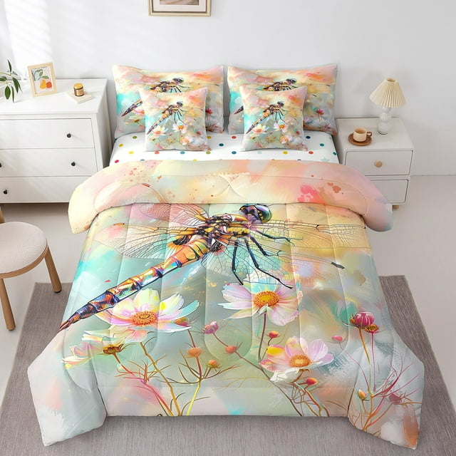 Erosebridal Literie Chic à Marguerites Florales Format Grand, Ensemble de Lit Libellule et Insecte Format Grand, Décoration Aquarelle, Réversible