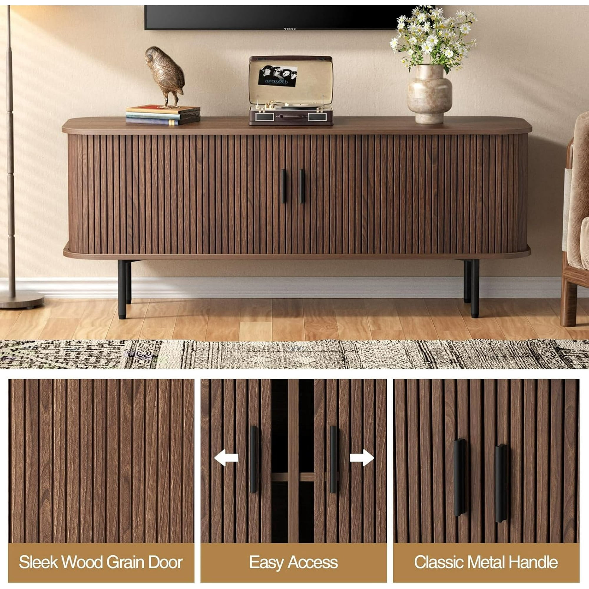 VEANERWOOD Fluted 55" TV Stand for TVs Up To 65", Console Table Credenza with Tambour Slatted Sliding Doors and Storage Shelves, Wood Entertainment Cente
