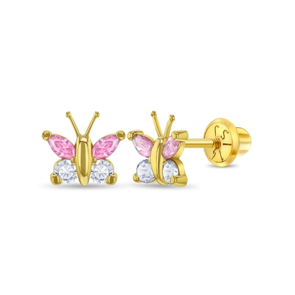 14k Gold Dazzling Butterfly Baby / Toddler / Kids Earrings Safety Screw Back