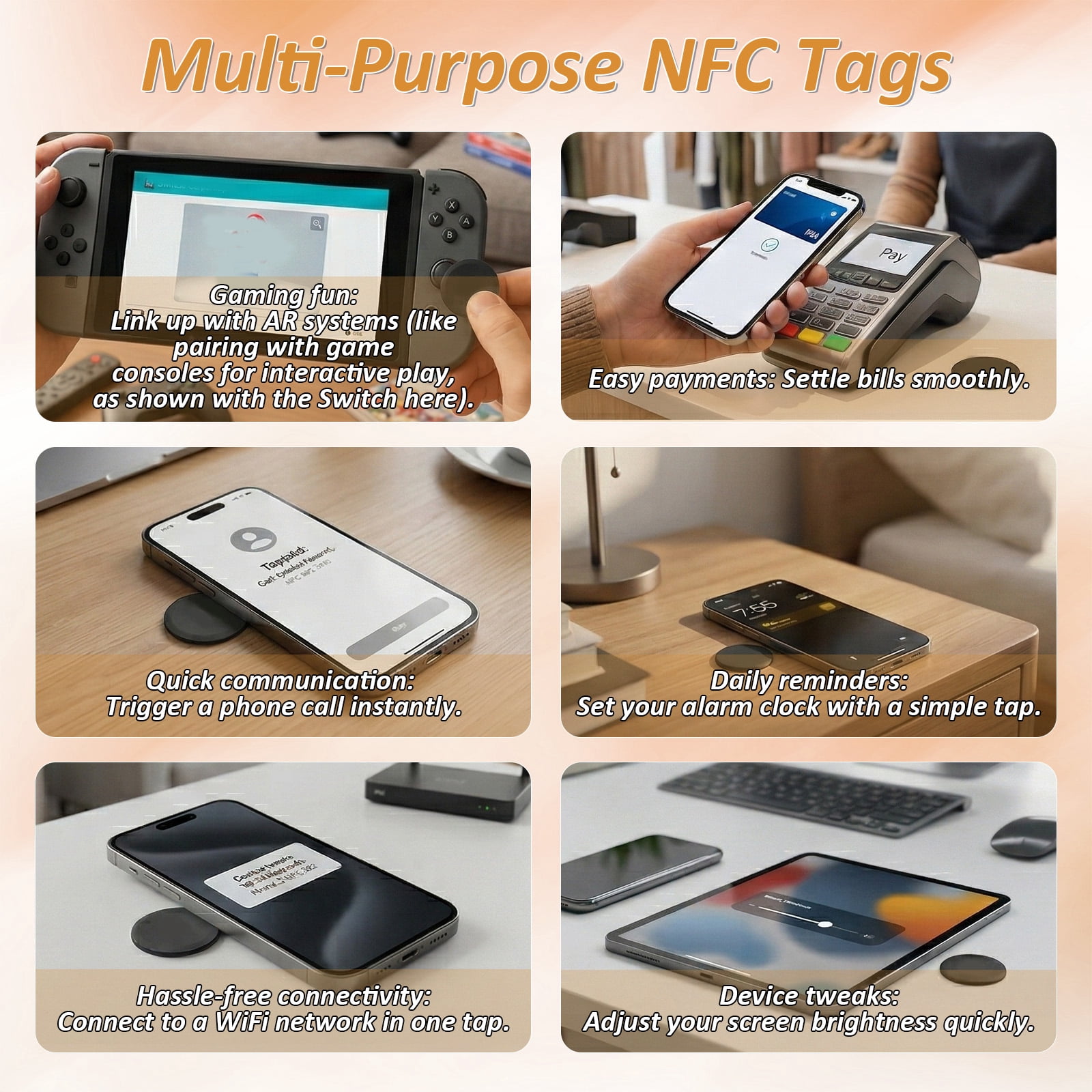 200PCS NFC Stickers Tags, 25mm Rewritable NTAG215 Blank NFC Cards with Adhesive Back, 504 Bytes Memory NFC Coin Card Chip for NFC Enabled Devices Phone Calls Automatically Commands, Black
