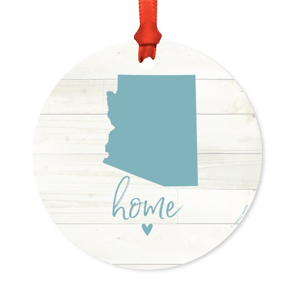 US State Round Metal Christmas Ornament, Rustic Light Wood Print, Arizona Home, Includes Ribbon and Gift Bag