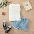 thumbnail image 5 of LNMQLPDBS Short Sets for Girls Solid Color Ribbed Button Decoration Short Sleeve T Shirt & Denim Shorts with Pockets 2pcs Outfits Toddler Girls Clothes Summer Casual Outdoor Suits, 5 of 9