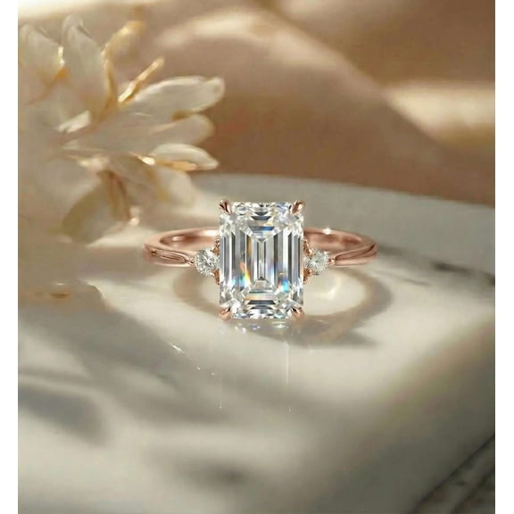 vylahjewellery Classic 14K Vermeil Rose Gold Wedding Women Ring Three Stone Moissanite Solitaire Engagement Ring Emerald Diamond Cut Handmade Jewelry