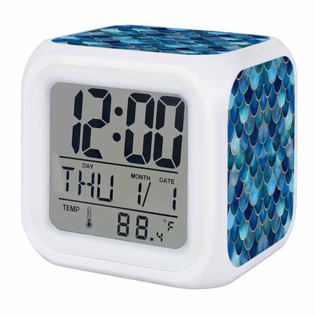 Alarm Clocks Blue Mermaid Scales Digital Clock 7 Color LED Night Light Silent Non-Ticking Battery Operated Gold Waves Lines Cube Clocks Decorative for Bedroom Bedside Living Room Office School Decor