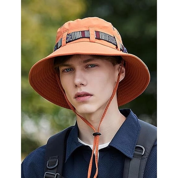 Sun Hats for Men, Fishing Hats for Men, Summer Fashion Nylon Big Brim Fisherman Mesh Hat with an Adjustable Elastic Drawstring is Most Suitable for A Head Circumference of 22-24 In, Orange