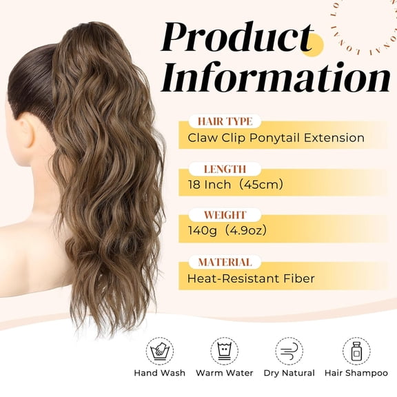 WEIF-Ponytail Extension, 18" Wavy Claw Clip Ponytail Extensions ZJ001Curly Wavy Claw Clip in Hair Extensions Synthetic Fake Pony tails Hairpieces-Medium Brown Mixed