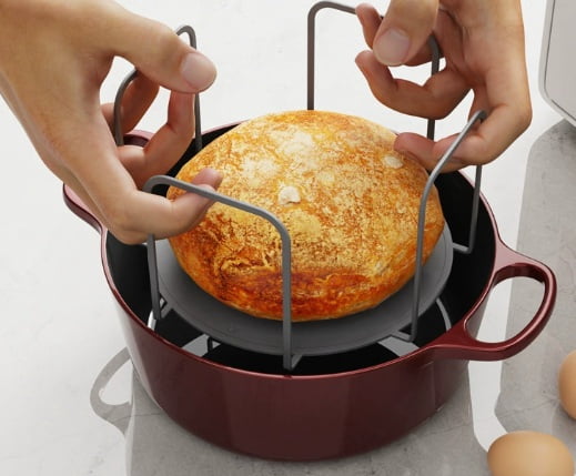 Two baking tools: silicone dough knife with strap, round fryer mat, oven-safe long handle, baking tray liner.