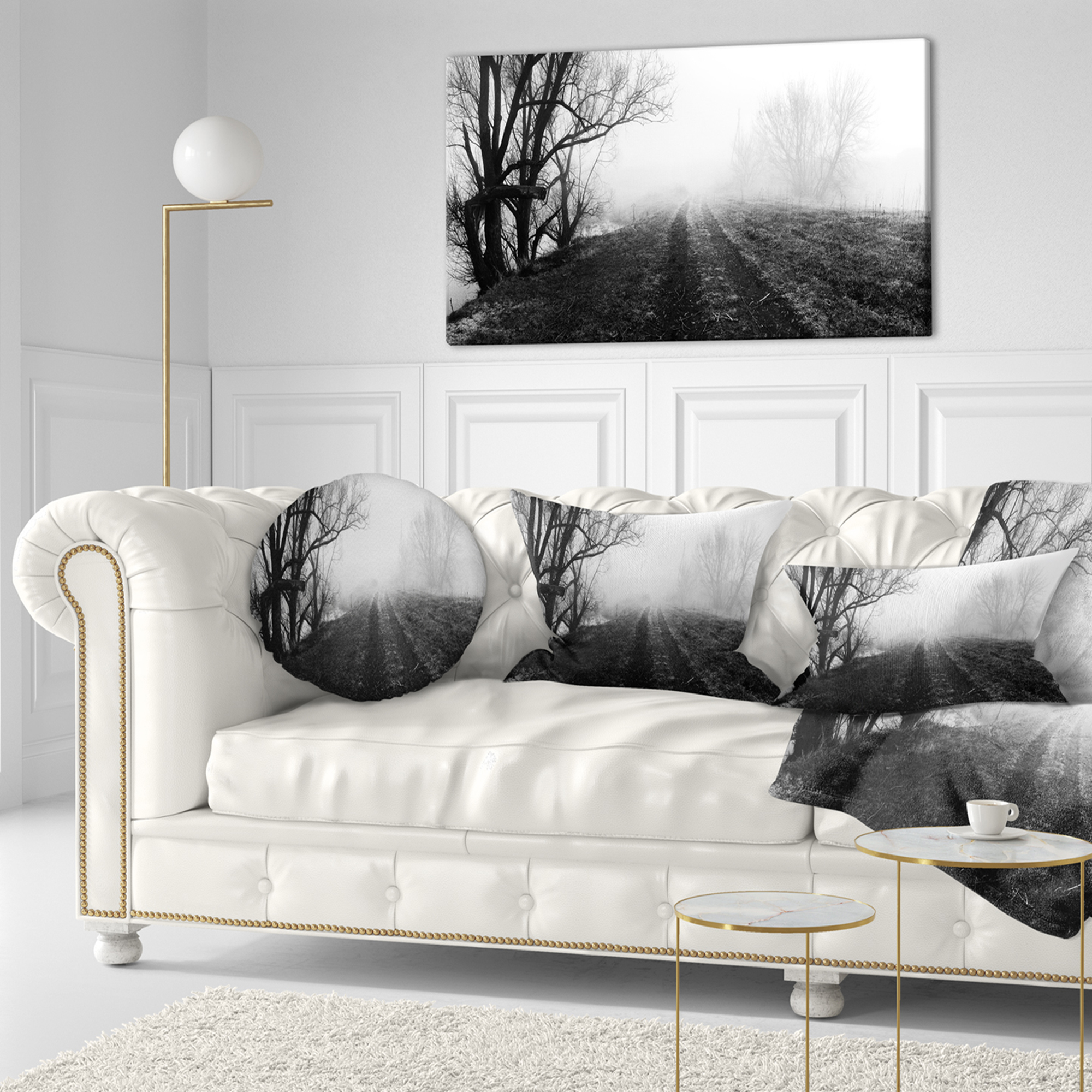 Designart Black and White Misty Landscape Panorama - Landscape Printed Throw Pillow - 12x20