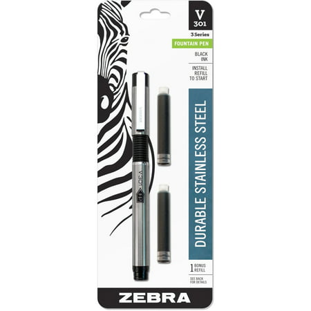 (2 Pack) Zebra V-301 Stainless Steel Fountain Pen with Bonus Refill, Fine Point, 0.7mm, Black Ink,