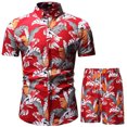 thumbnail image 1 of xiaxaixu Men Beach Outfits Printed Lapel Button Down Shirt + Drawstring Shorts, 1 of 4
